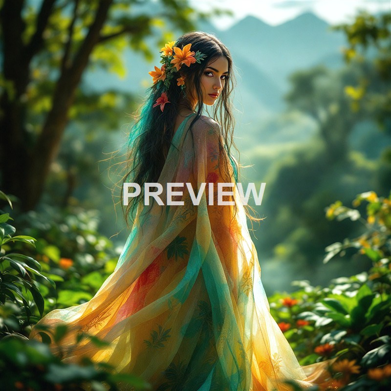 A woman with long dark hair, adorned with orange lilies, is standing in a lush green natural setting, wearing a colorful, semi-transparent dress that flows around her.